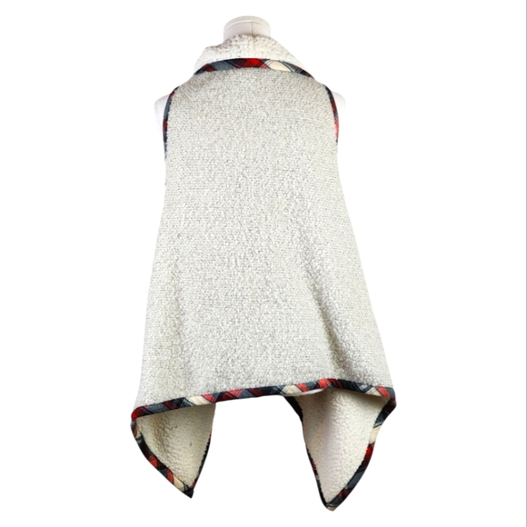 See and Be Seen Sherpa Fleece Vest M/L Plaid Trim Cozy Open Front Layering - Picture 4 of 6